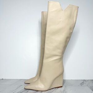 Schutz Asya Up Eggshell Leather Pointy Toe Wedge Tall Boot 8 1/2 B